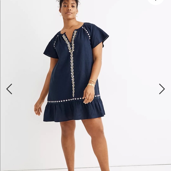 Madewell Embroidered Linen-Blend Raglan Ruffle Mini Dress - Picture 1 of 3